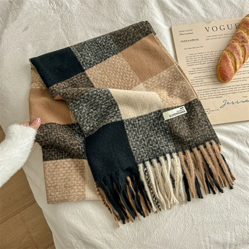 Women's Sweet Plaid Imitation cashmere Tassel Scarf