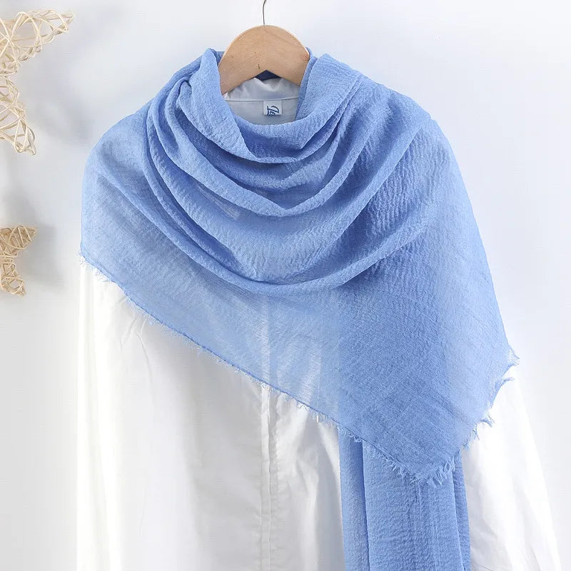 Hot selling solid color pleated cotton and linen scarf  women's bag headscarf crumpled hair fringe bubble scarf women's scarf cover head