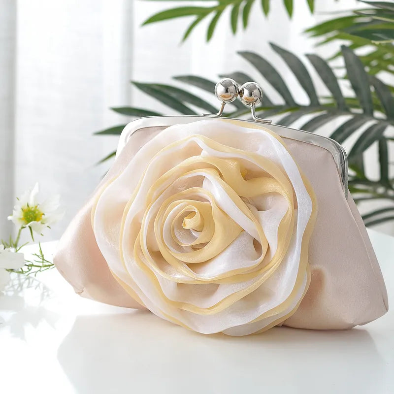 New Fresh Rose Flower Banquet Bag Satchel Crossbody Qipao Bag New Year Handbag Square Silk Surface Chain Bag Sweet Style