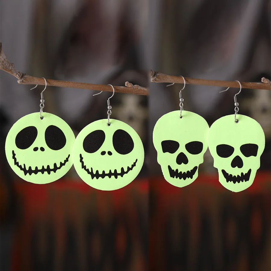 Gothic Style Fluorescent Green Skeleton Face Halloween Pendants Earrings Double Sided Elegant Skull Head Women's Jewelry