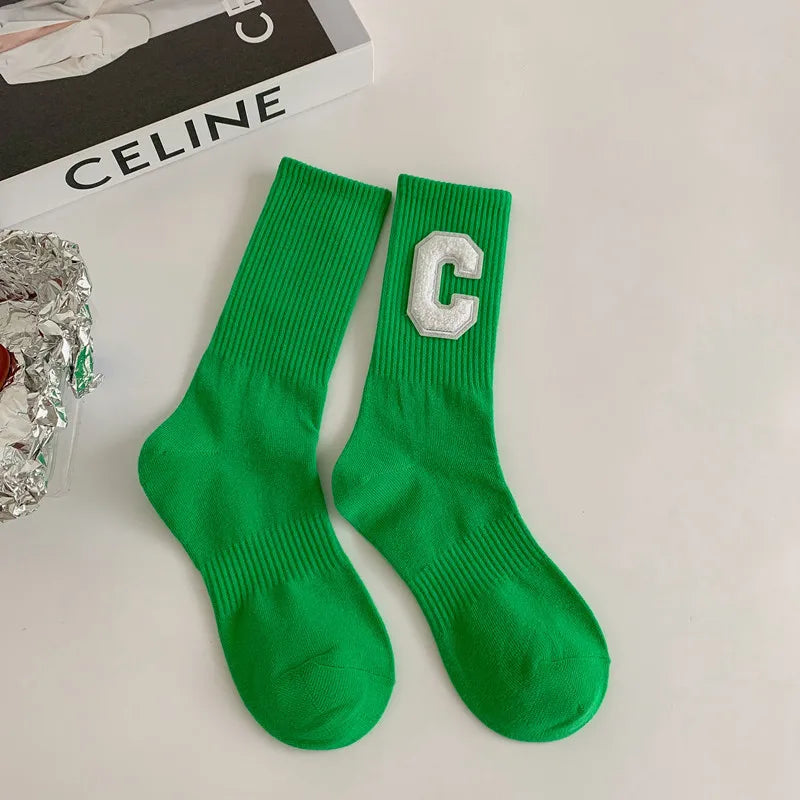 women's casual letter solid color cotton crew socks a pair