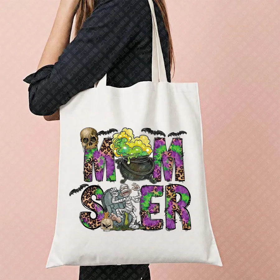 Ghost Pattern Halloween Outdoor Shopping Bag Cute Ghost Design Canvas Tote Bag For Ladies Retro Fashion Printed Large Size