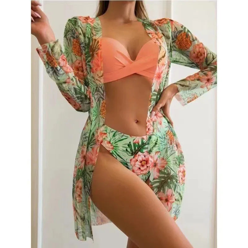 Women's Vacation Printing Solid Color 3 Pieces Set Bikinis Swimwear