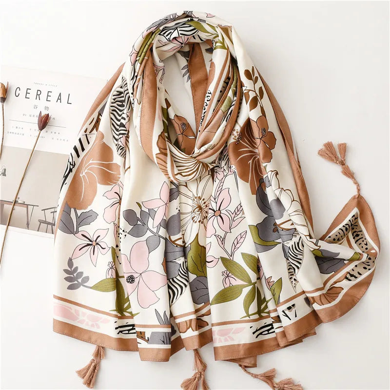 women's fashion leaf flower polyester silk scarves