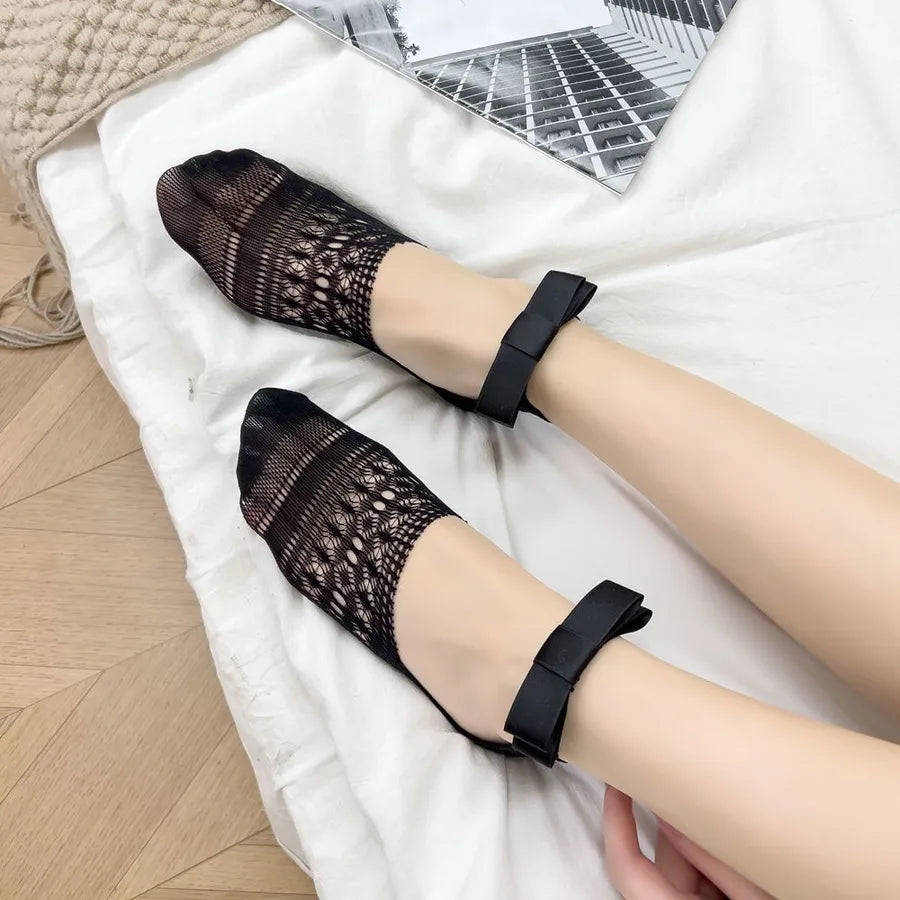 A Pair Classic Style Women's Solid Color Bow Knot Cotton Ankle Socks