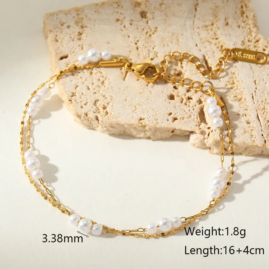 Cute Lady Romantic Round Dots Solid Color 304 Stainless Steel 18K Gold Plated Imitation Pearl Paperclip Chain cable chain Double-Layer Bracelet Multi Charms Bracelet In Bulk