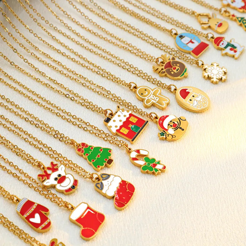 Christmas Creative Design Sense Bell Necklace Women's Versatile Pendant Oil Drop Deer Snowman Cartoon Stainless Steel Titanium Steel