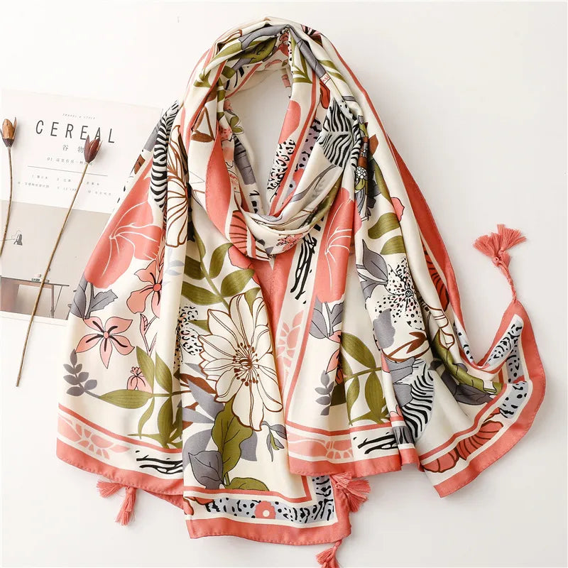 women's fashion leaf flower polyester silk scarves