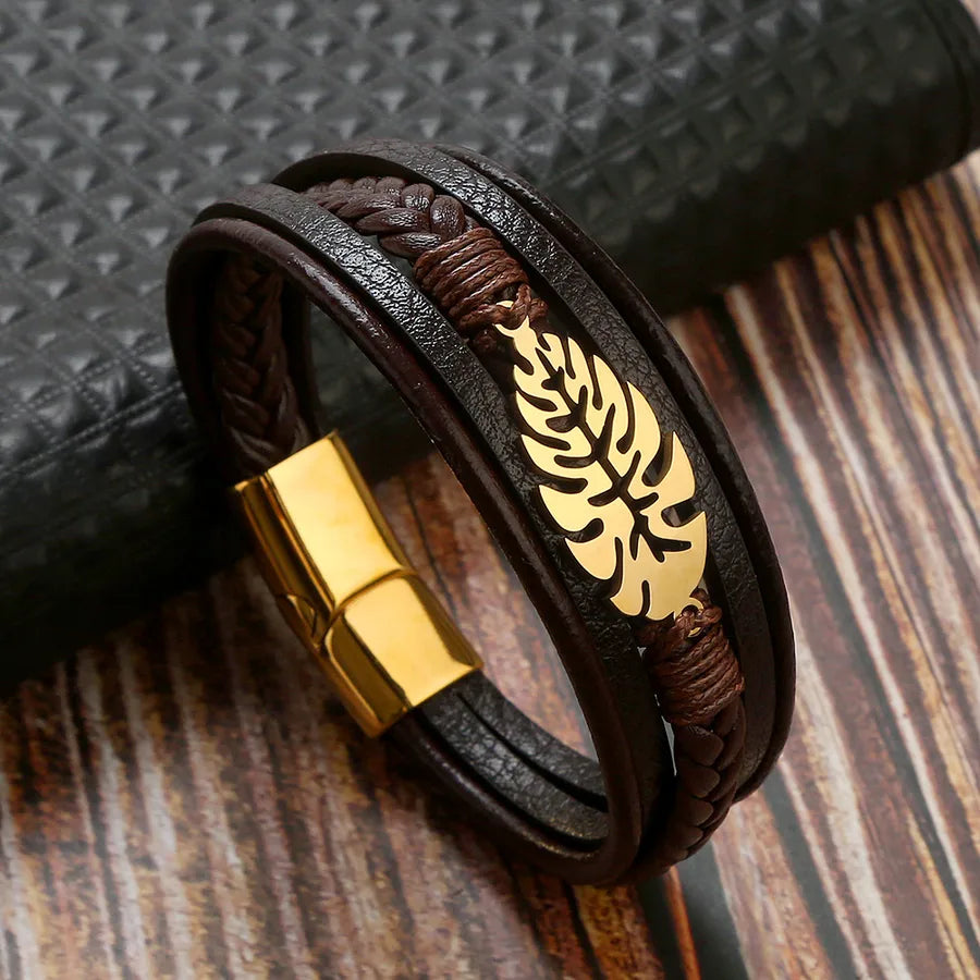 Simple Style Classic Style Leaves Stainless Steel Men's Bangle