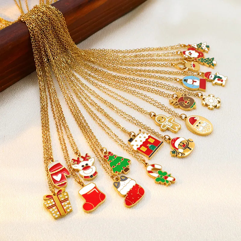 Christmas Creative Design Sense Bell Necklace Women's Versatile Pendant Oil Drop Deer Snowman Cartoon Stainless Steel Titanium Steel