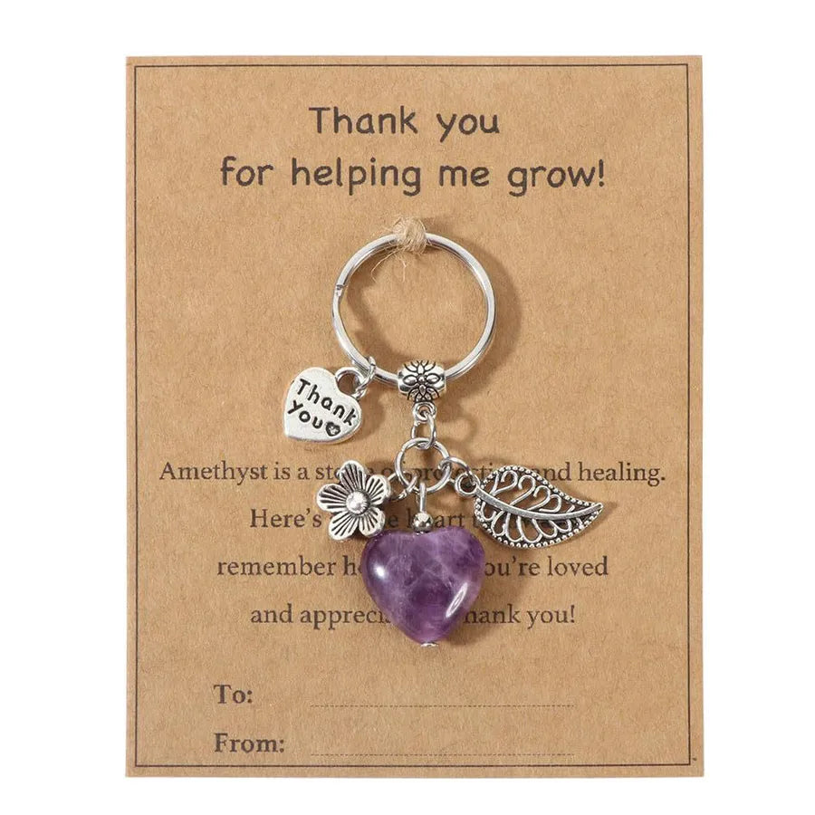 Crystal Heart Keychain Thank You Teacher Flower Leaf Purple Crystal Pink Quartz Keyring Crystal Heart Shaped Keychain Pendant
