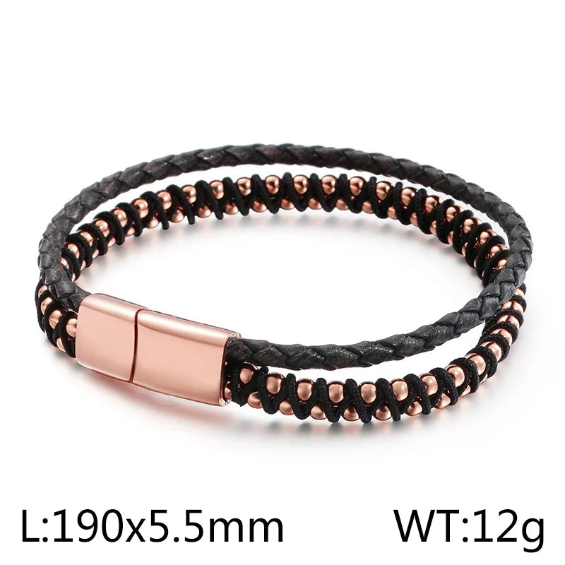 Retro Color Block Pu Leather Titanium Steel Plating Men's Bracelets