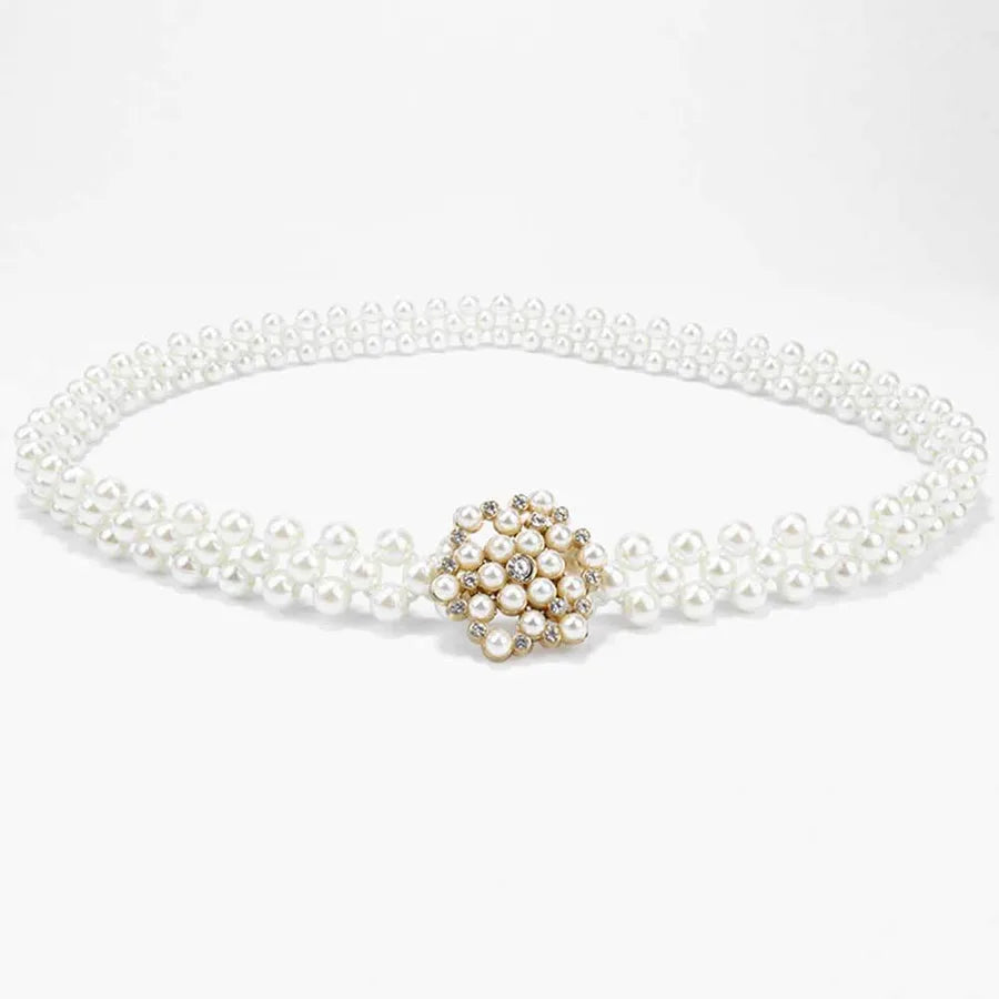 sweet oval flower bow knot imitation pearl metal inlay rhinestones women's chain belts
