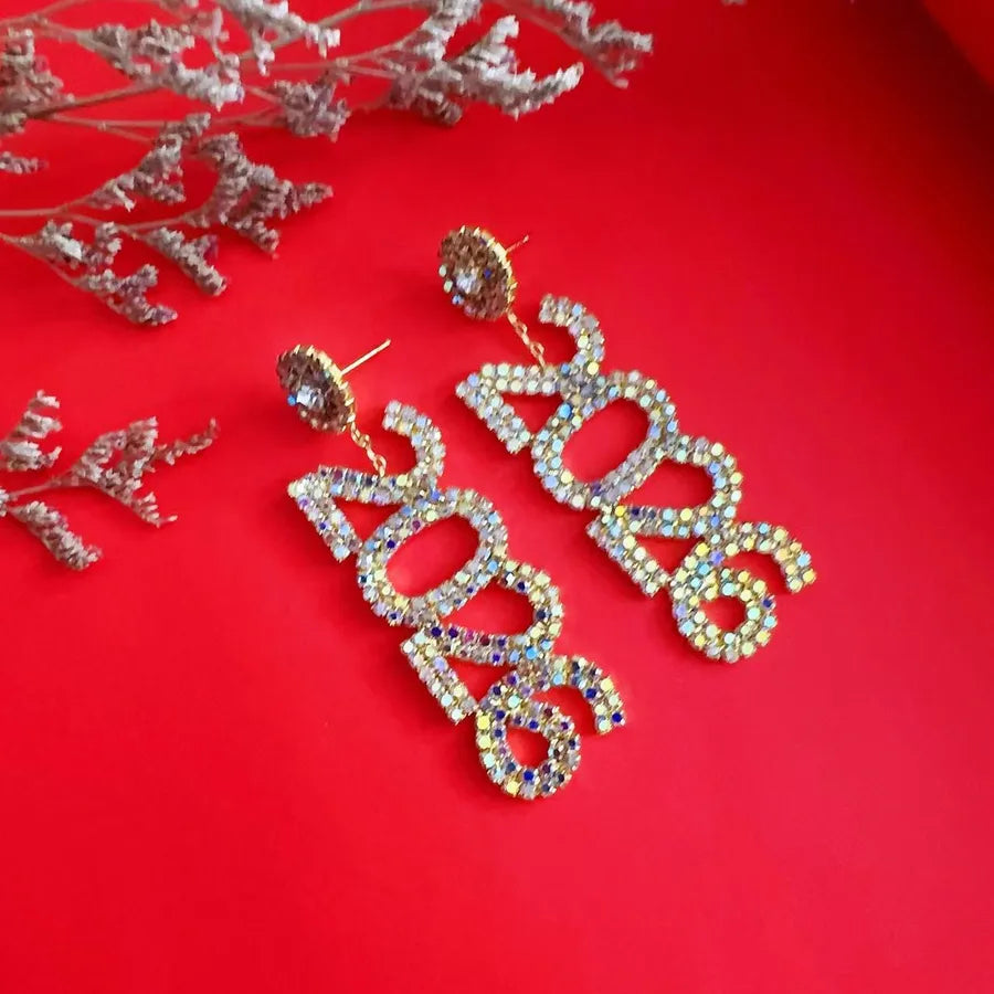 New Year 2026 Number Rhinestone Earrings Women's Christmas Gift Personalized Diamond Drop Earrings Fashion Jewelry Accessories