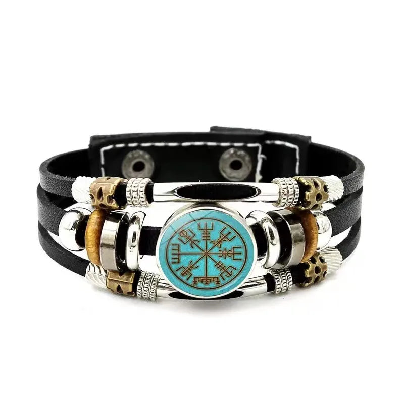 New Alloy Beads Woven Bracelet Nordic Viking Pirate Aoding Logo Compass Leather Bracelet for Men and Women
