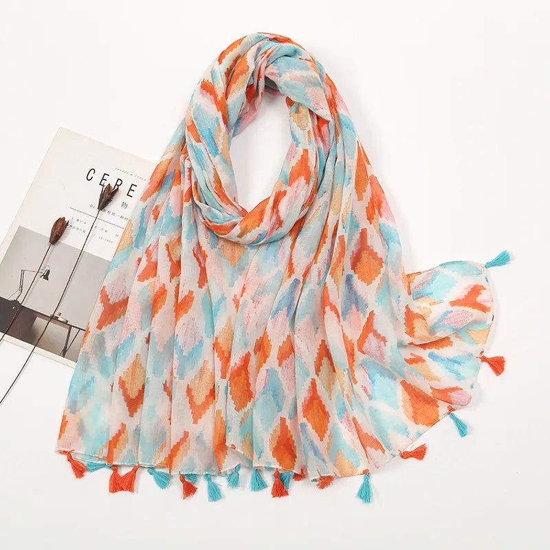 women's sweet flower cotton and linen tassel silk scarves