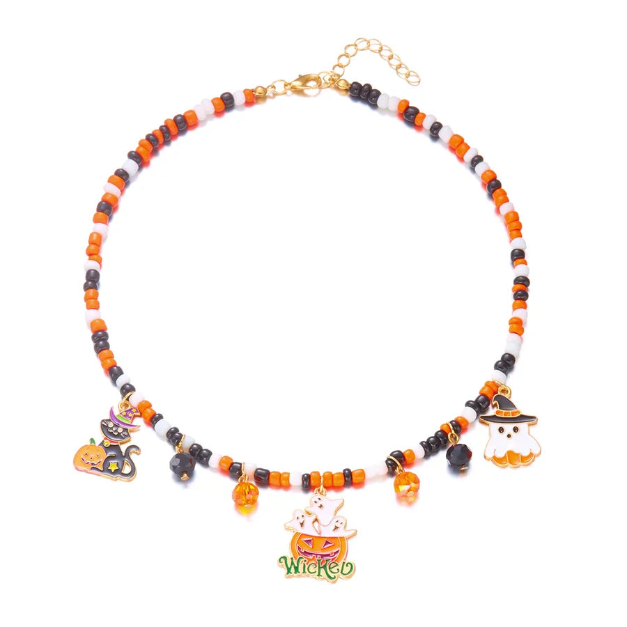 Handmade Halloween Necklace Ghost Spider Pendant Color Matched Pumpkin Design Luxury Style Women's Jewelry Accessory