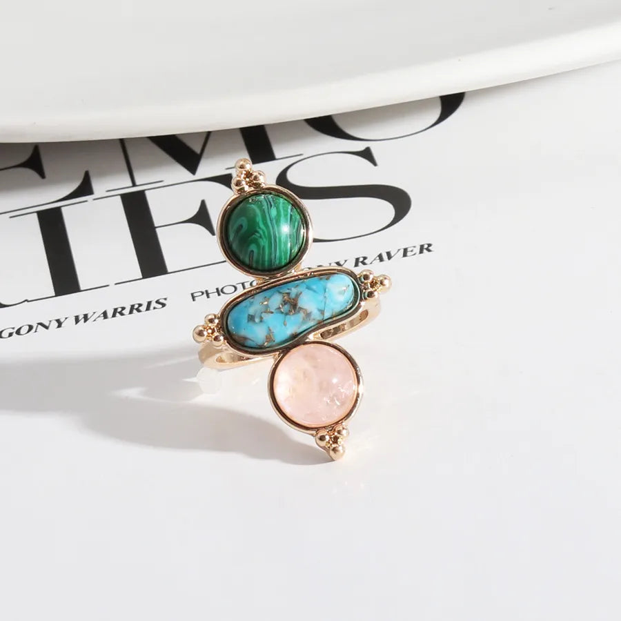 vintage style geometric alloy inlay natural stone rings