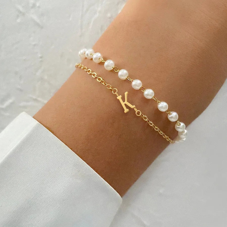 Elegant Simple Style Classic Style Letter 201 Stainless Steel 304 Stainless Steel Imitation Pearl Beaded Chain cable chain Beaded Bracelets Wholesale