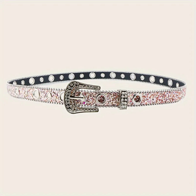 retro sweet solid color pu leather alloy diamond women's leather belts