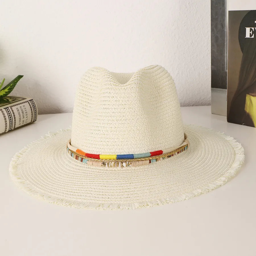 Women's Casual Vacation Beach Solid Color Beaded Big Eaves Straw Hat