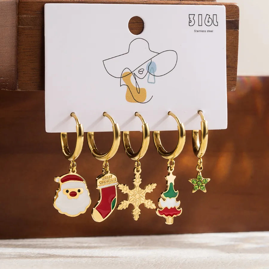 1 Set Christmas Cute Romantic Santa Claus Cattle Snowman Enamel Plating Inlay Stainless Steel Zircon Drop Earrings