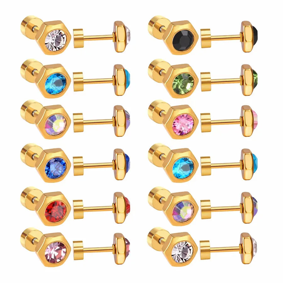 12 pairs Elegant Simple Style Hexagon 304 Stainless Steel 18K Gold Plated Ear Studs