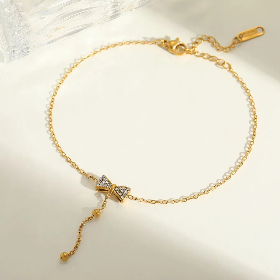Casual Cute Lady Solid Color Bow Knot 304 Stainless Steel 18K Gold Plated Zircon cable chain Bracelets In Bulk