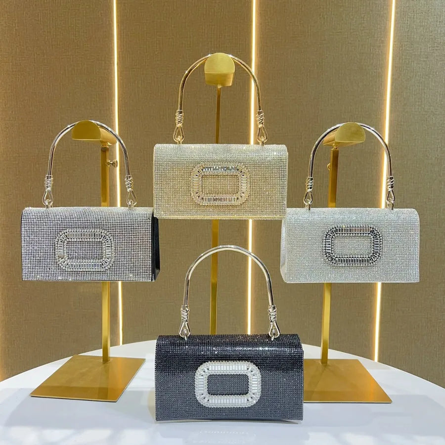 Fashionable Luxury Clutch Bag Diamond Embellished Evening Bag Wedding Reception Lady's Handbag Square Polyester Shoulder Bag
