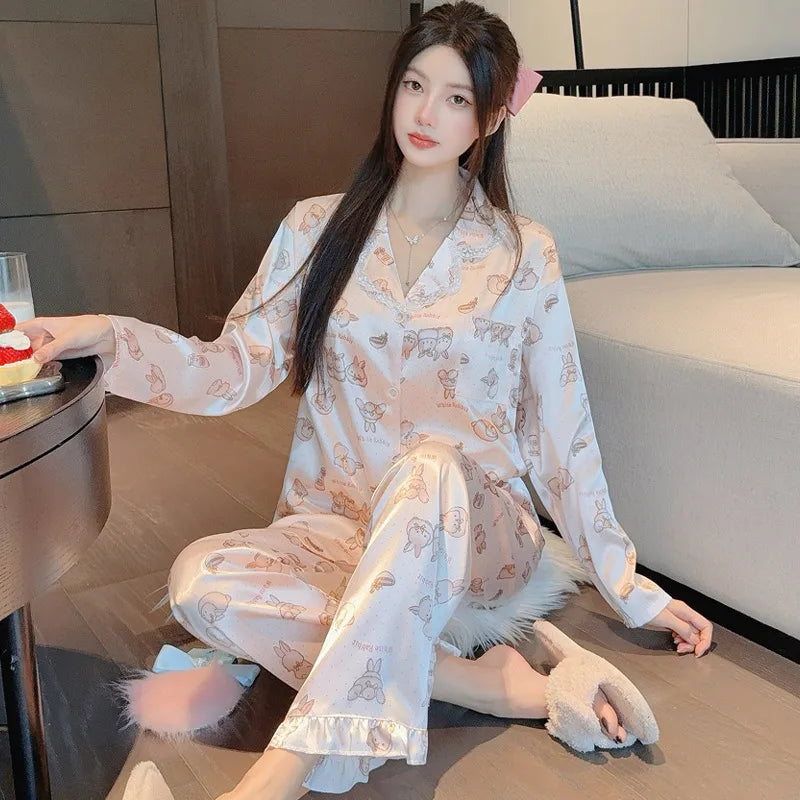 French Anti-Aging Sleepwear Women's Spring Autumn New Simple Polka Dot Long Sleeve Long Pants Ice Silk Home Clothes Fashion Set