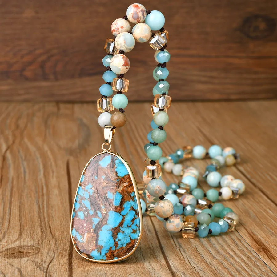 Casual Ethnic Style Stone Pattern natural stone Handmade Chain Pendant Necklace In Bulk