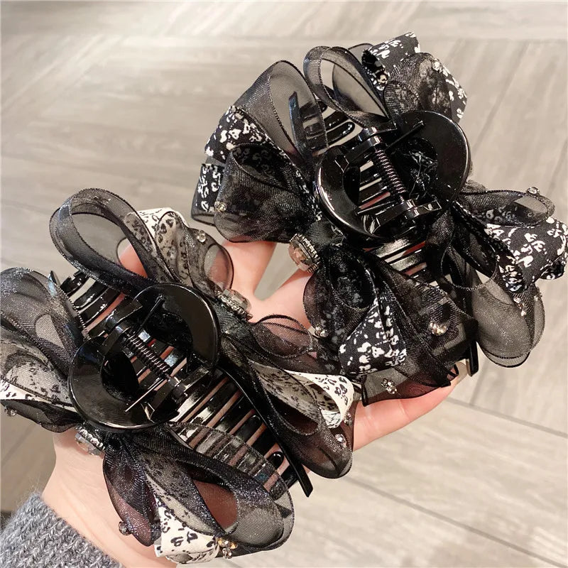 New Spring Summer Floral Silk Butterfly Knot Shark Clip Country Fresh Hair Clip Top Headwear Women's Fashion Accessories