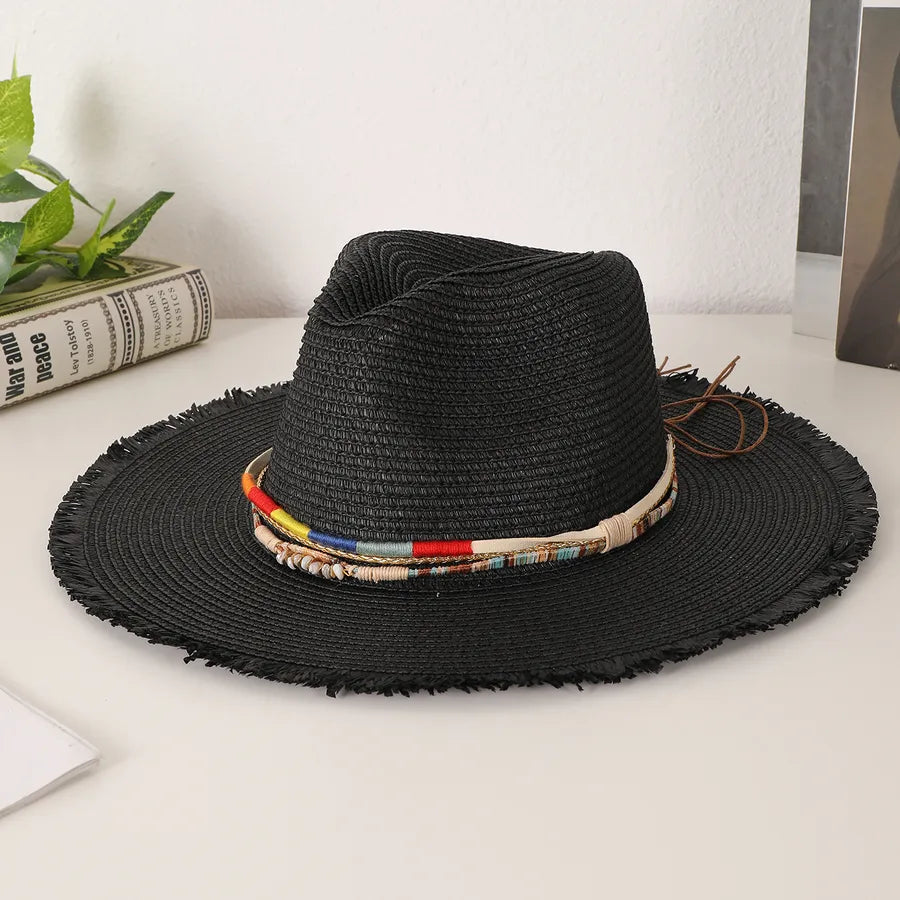 Women's Casual Vacation Beach Solid Color Beaded Big Eaves Straw Hat