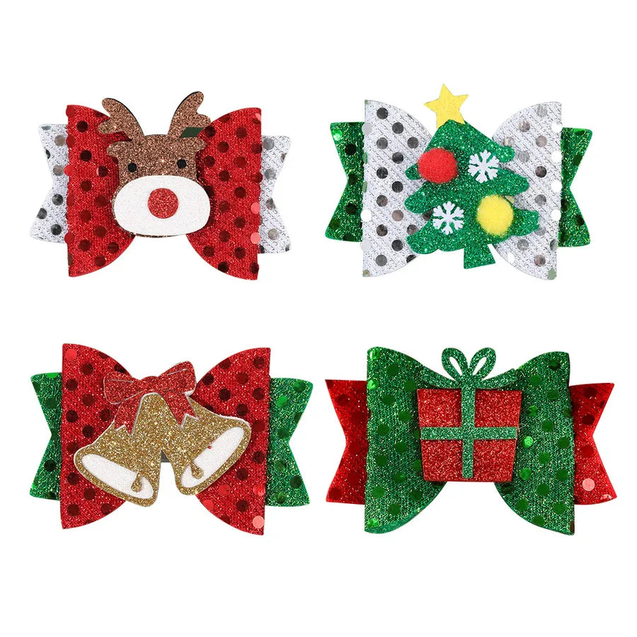 Christmas Tree Butterfly Knot Hair Clip Children's Party Girl Accessories Cute Cartoon Edge Hair Decorations Leather Material