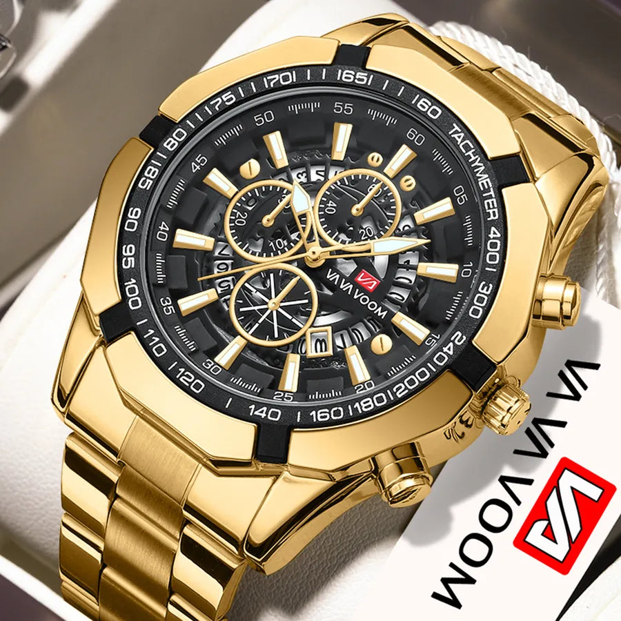 new spot wholesale watch men's steel band three eyes six needle luminous calendar sports waterproof quartz watch
