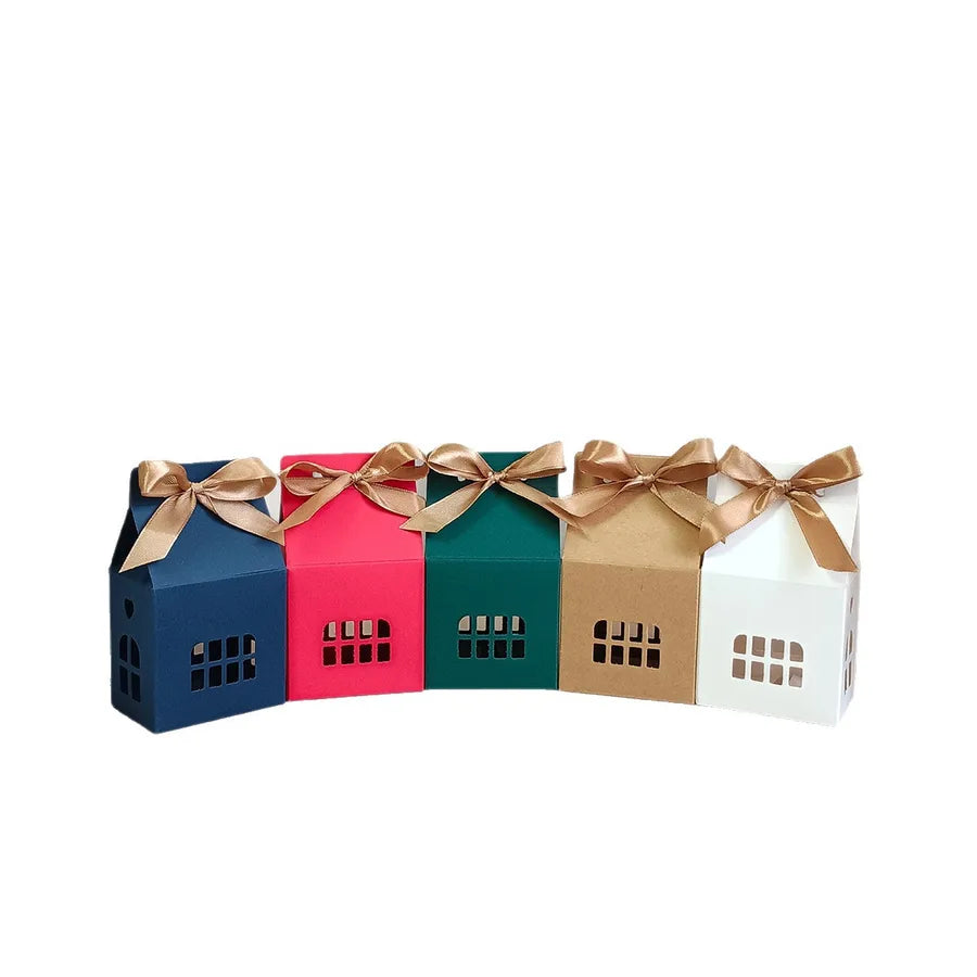 Christmas Gingerbread House Candy Gift Box With Butterfly Knot High End White Kraft Paper Luxury Packaging Box For Presents