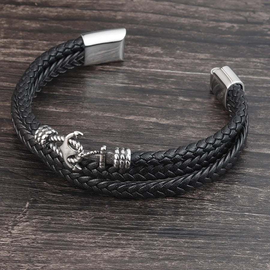 Vintage Style Classic Style Geometric Pu Leather Titanium Steel Woven Chain Wrap Bracelets Wholesale