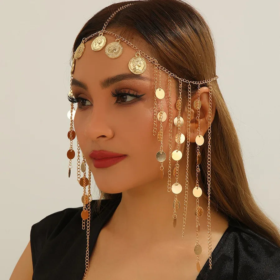 New Gold CCB Beauty Head Coin Metal Sequin Tassel Head Chain Women's Fashion Trend Geometric Pattern Alloy Hair Accessories
