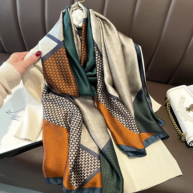 women's streetwear houndstooth satin printing silk scarf