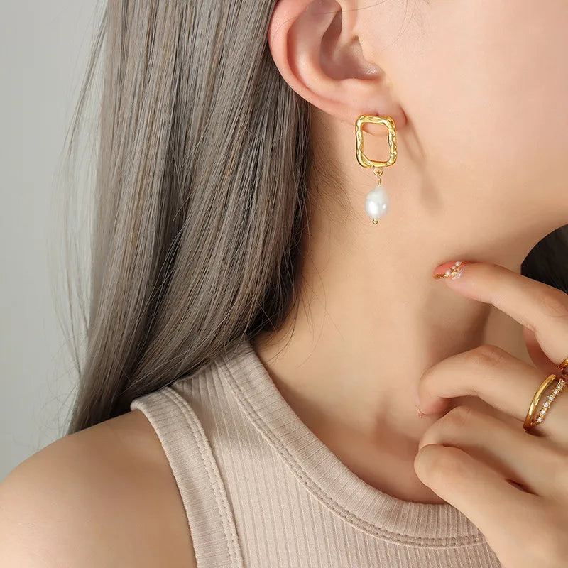 Fashion Square Plating 304 Stainless Steel Freshwater Pearl 18K Gold Plated Earrings