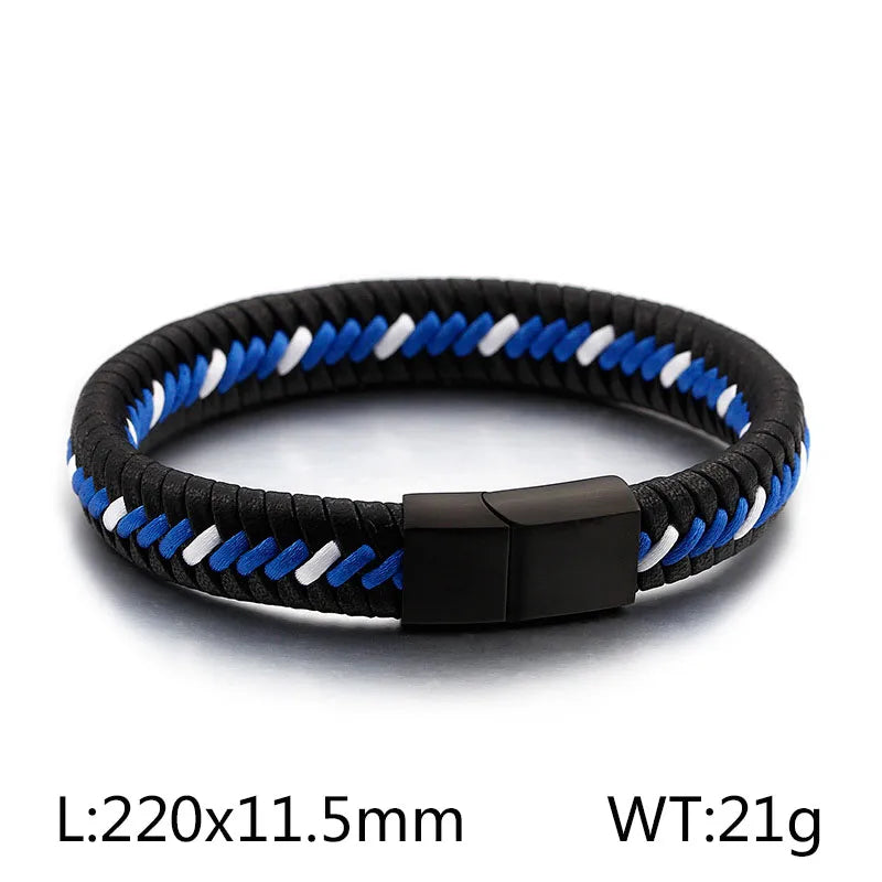 hip-hop retro color block pu leather titanium steel braid men's bangle
