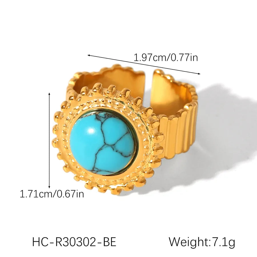 Wholesale Jewelry Casual Retro Irregular Oval Eye 304 Stainless Steel Natural Stone Turquoise 18K Gold Plated Polishing Plating Inlay Open Rings Rings