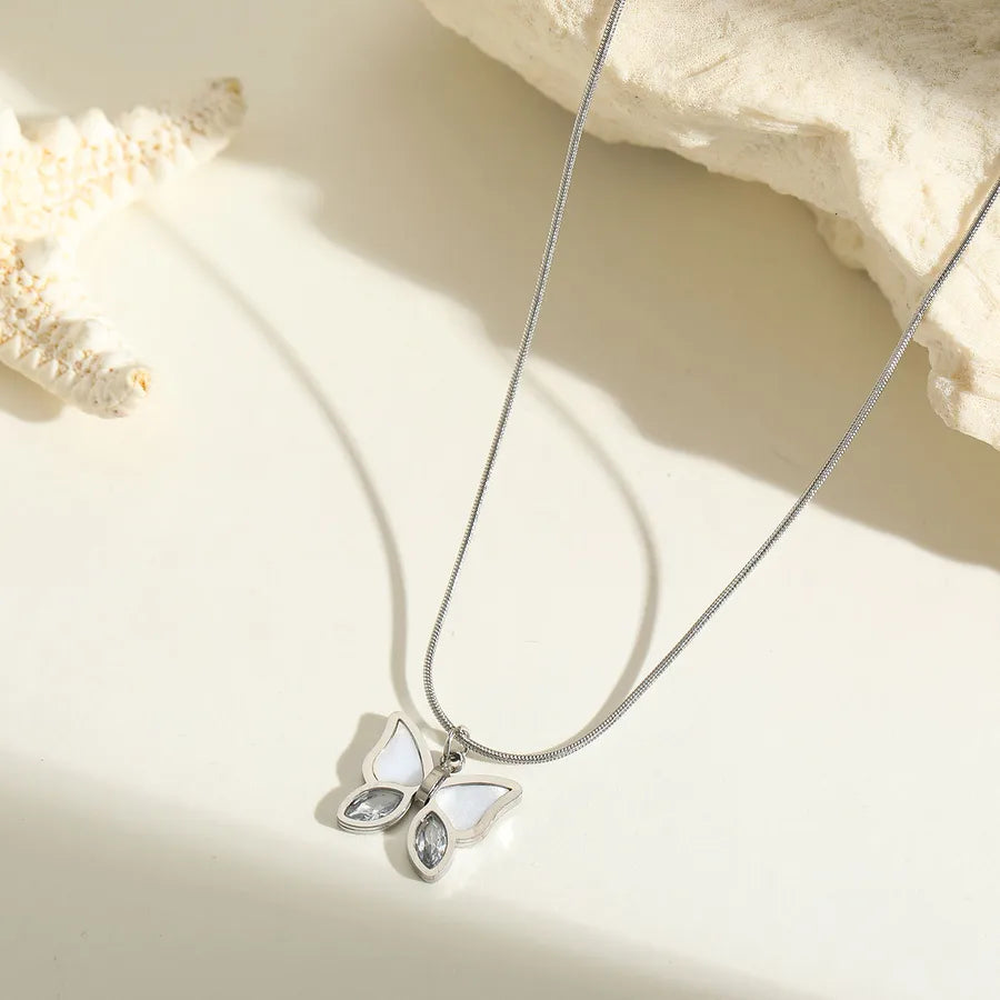 Wholesale Jewelry Classical Cute Lady Solid Color Butterfly 304 Stainless Steel Acrylic Zircon 18K Gold Plated Twisted Rope Chain Pendant Necklace