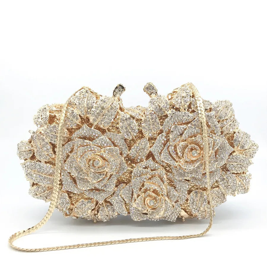 Gold Silver Rhinestone Metal Rose Diamond Asymmetrical Dress Evening Bags