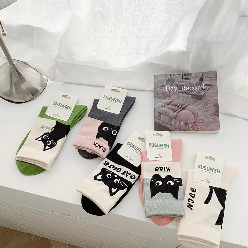 A Pair Cute Sweet Women's Letter Cat Cotton Crew Socks
