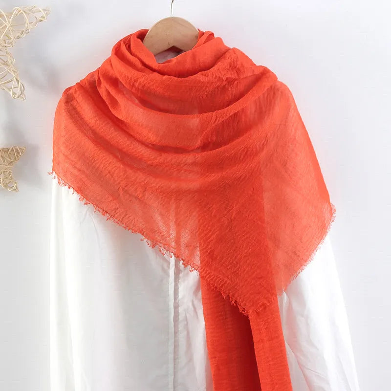 Hot selling solid color pleated cotton and linen scarf  women's bag headscarf crumpled hair fringe bubble scarf women's scarf cover head