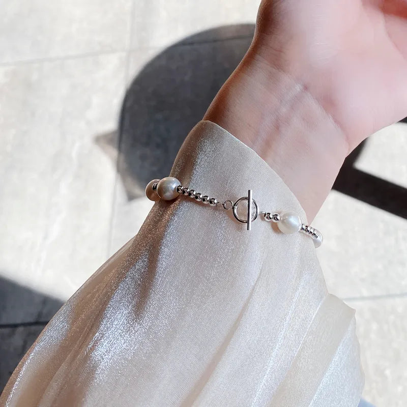 925 Sterling Silver Freshwater Pearl Beaded Chain Bracelets Casual Vacation Modern Style