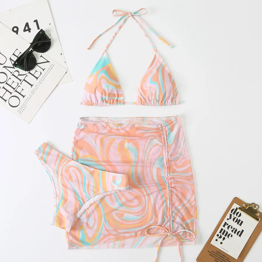 Women's Vacation Waves 3 Pieces Set Bikinis Swimwear