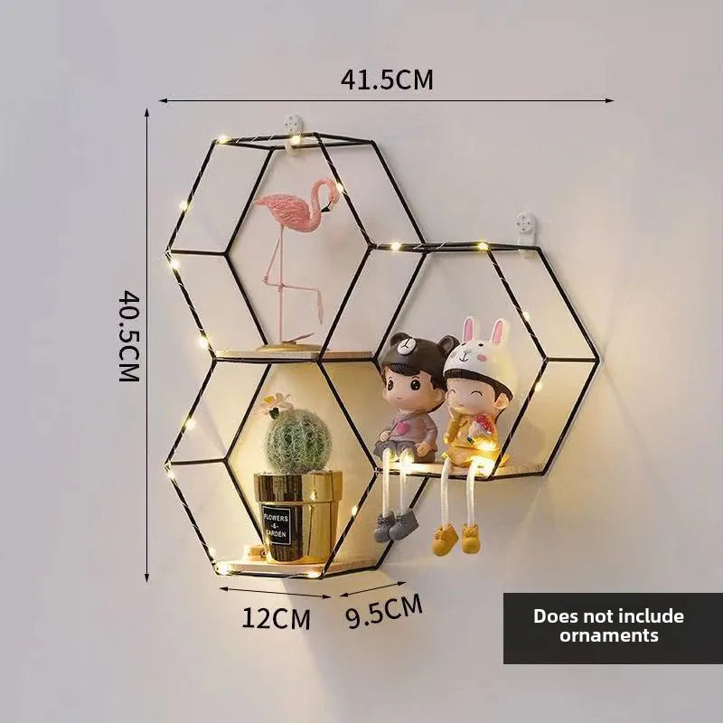 Wrought Iron Nordic Wall Decorations  Home Bedroom Dining Room Wall Hanging Room Hexagon Shelf Wall