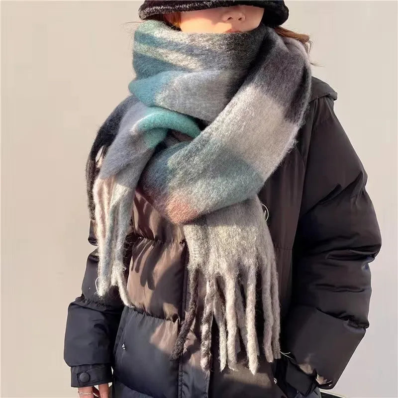 women's simple style lattice imitation cashmere tassel scarf